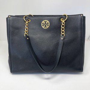 Tory Burch Everly Black Gold Chain Tote Logo Bag Purse